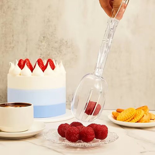 Heavy-duty clear plastic salad scissors and clips - reusable, suitable for BBQs and buffets.