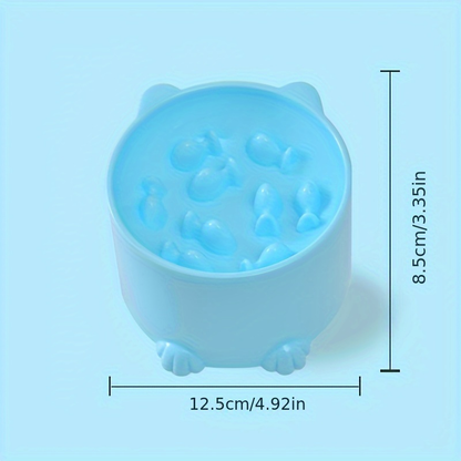 Slow-feeding bowl for cats and dogs, with a neck shield to prevent choking.