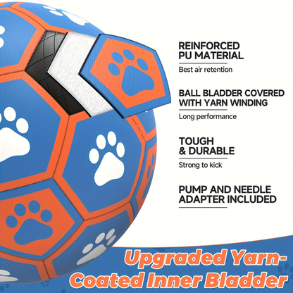 Rubber dog soccer ball with tug-of-war straps and an air tube, suitable for puppies and adult dogs.