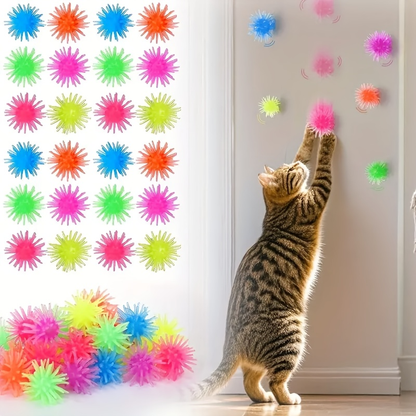 12-pack of interactive cat toy balls with suction cups, made of rubber, no batteries required.