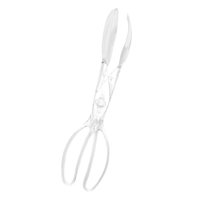Heavy-duty clear plastic salad scissors and clips - reusable, suitable for BBQs and buffets.