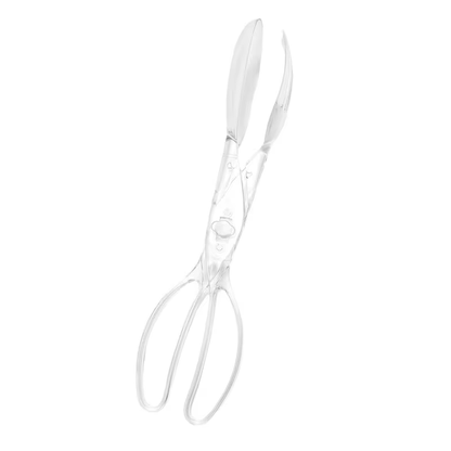 Heavy-duty clear plastic salad scissors and clips - reusable, suitable for BBQs and buffets.