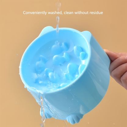 Slow-feeding bowl for cats and dogs, with a neck shield to prevent choking.